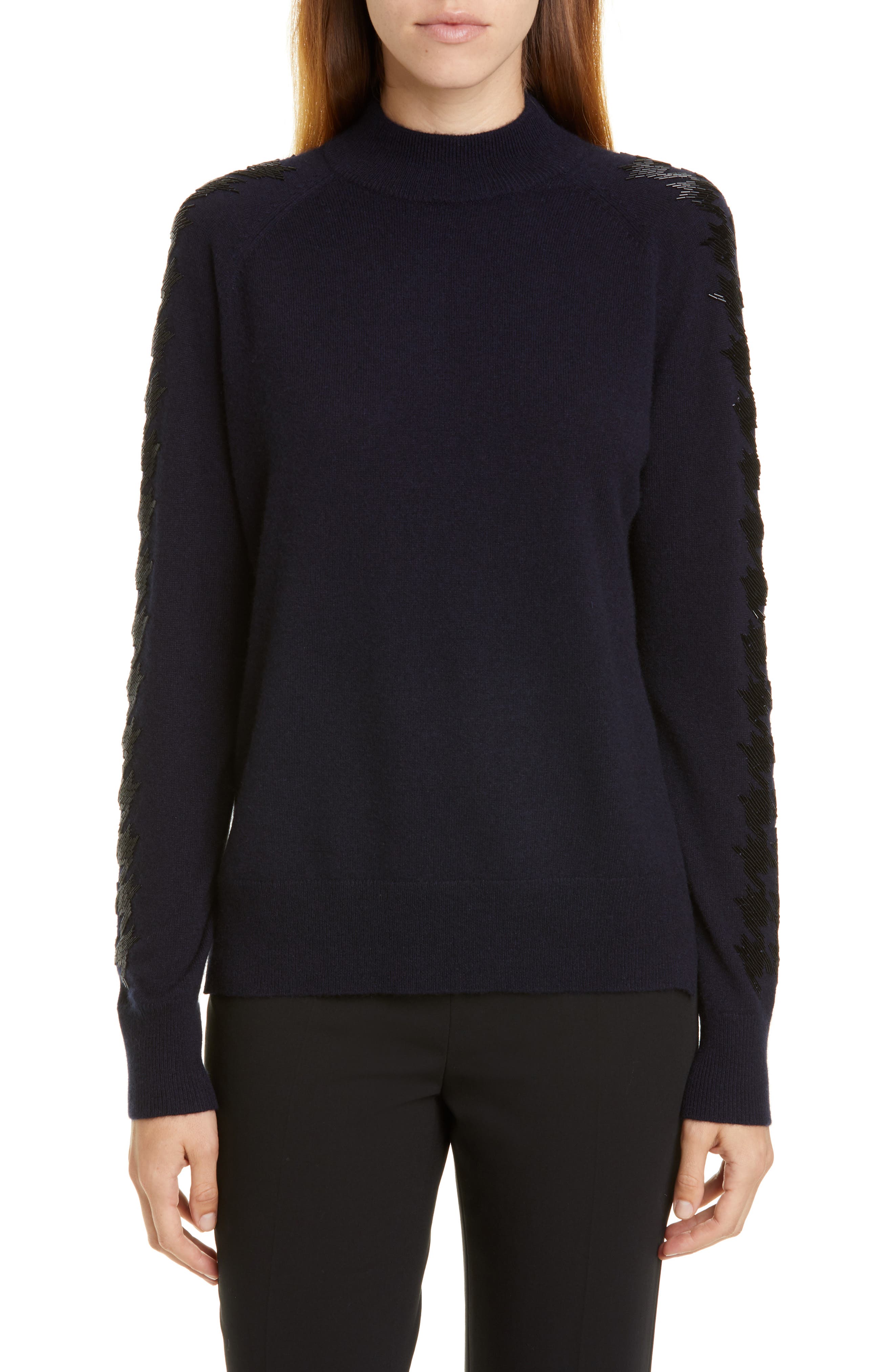Lela Rose Houndstooth Beading Wool & Cashmere Sweater, Blue
