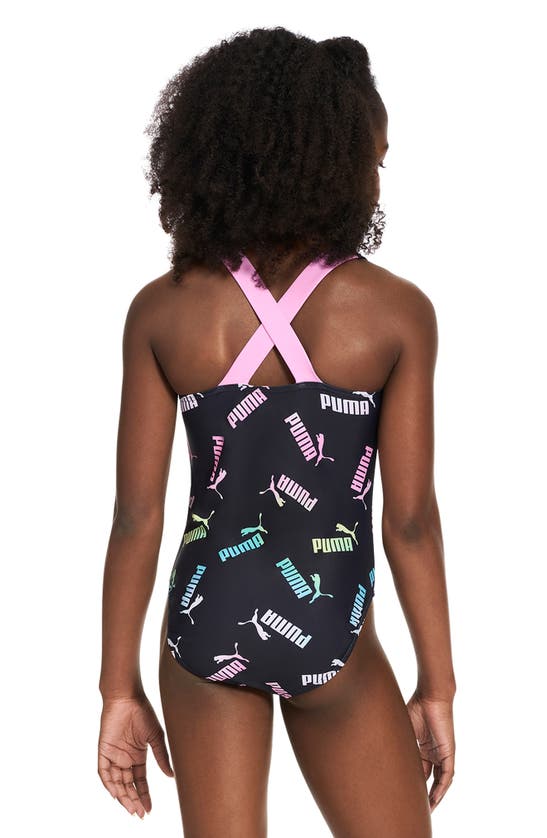 Shop Puma Kids' Crossback Allover Logo One-piece Swimsuit In  Black