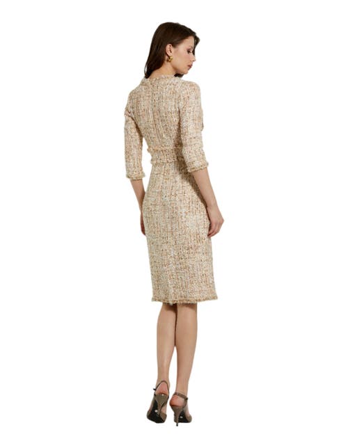 Mac Duggal High Neck 3/4 Sleeve Beaded Trim Midi Dress In Blush