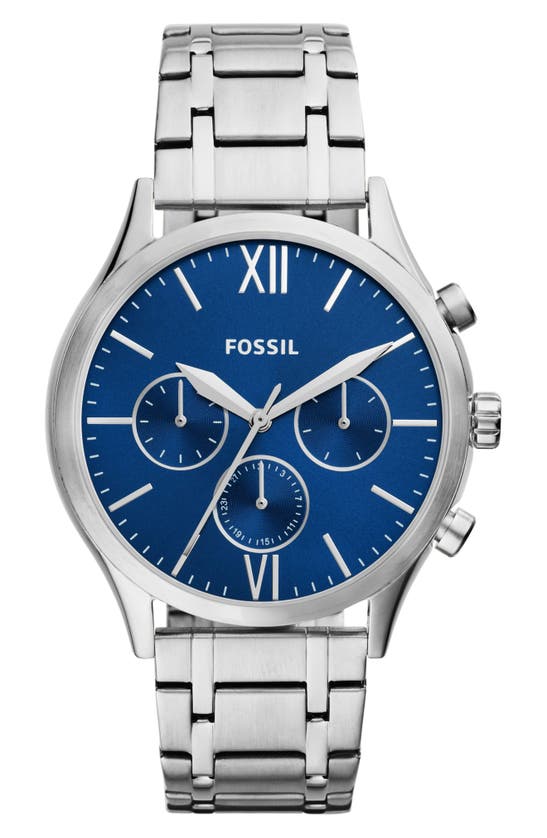 Fossil Fenmore Three-hand Quartz Stainless Steel Bracelet Watch, 44mm In Silver/blue