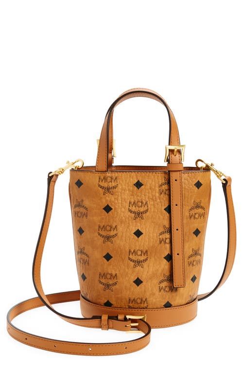 Mcm Mini Aren Vi Visetos Coated Canvas Bucket Bag In Cognac