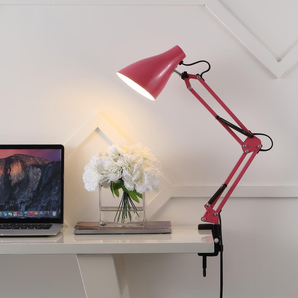 Jonathan Y Odile Classic Industrial Adjustable Articulated Clamp-on Led Task Lamp In Pink