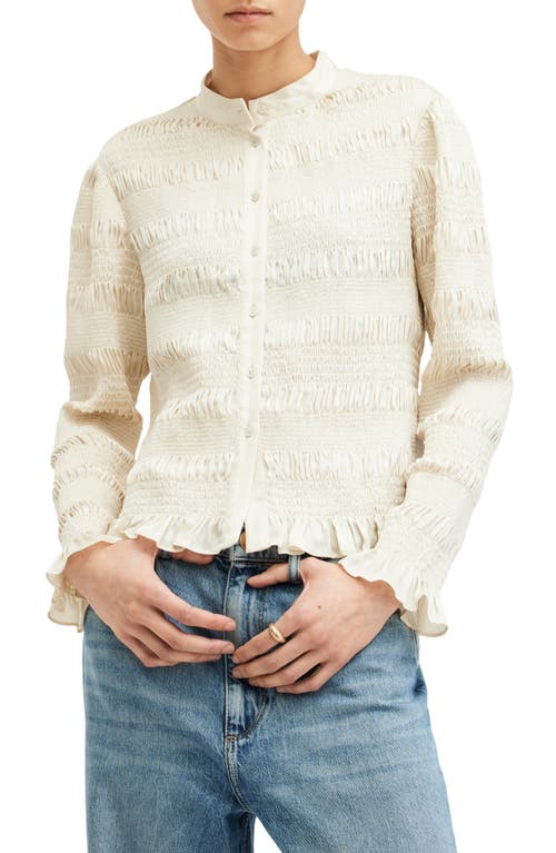 Shop Allsaints Meg Smocked Button-up Shirt In Sand Beige