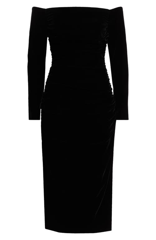 Carolina Herrera Off The Shoulder Long Sleeve Ruched Velvet Midi Dress In Black