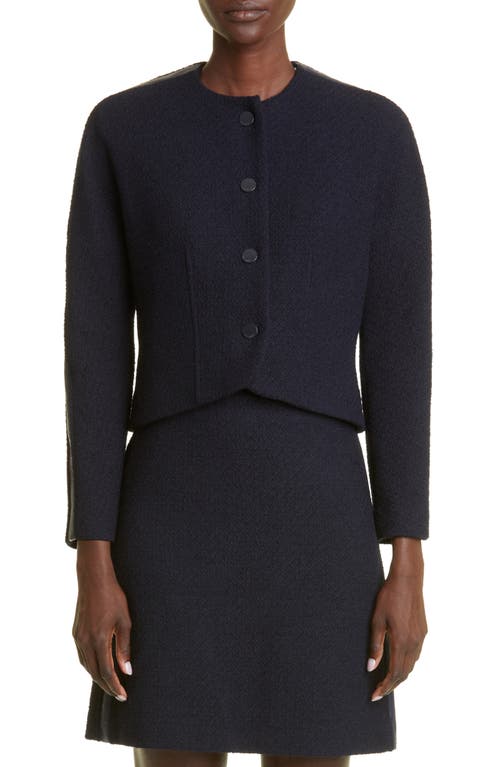 St. John Collection Textured Tweed Knit & Leather Crop Jacket in Navy Multi