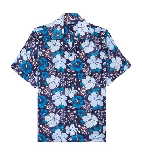 Vilebrequin Bowling Linen Tropical Turtles Shirt In Minuit