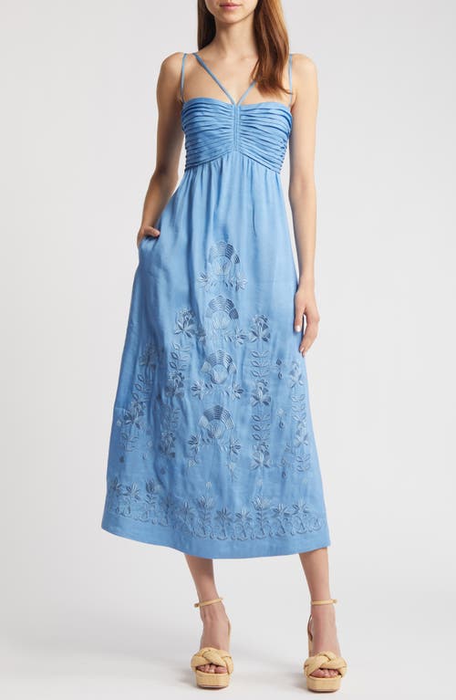 Shop Kobi Halperin Ariella Floral Embroidered Linen Blend Midi Dress In Skyline