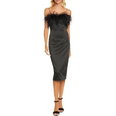 Veronica Beard Lilya Feather Trim Satin Dress, Black