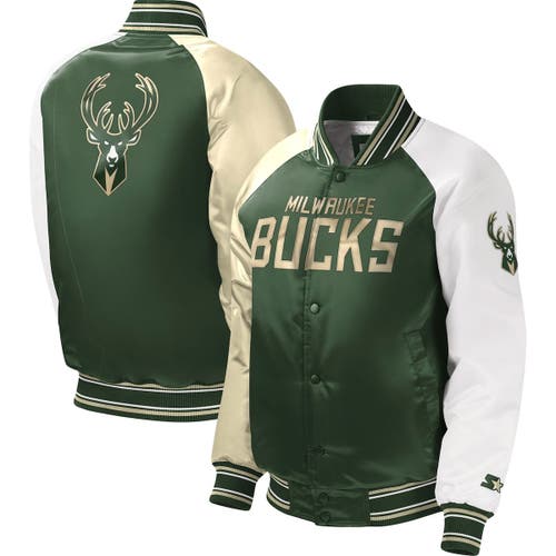 Youth Starter Hunter Green Milwaukee Bucks Raglan Full-Snap Varsity Jacket