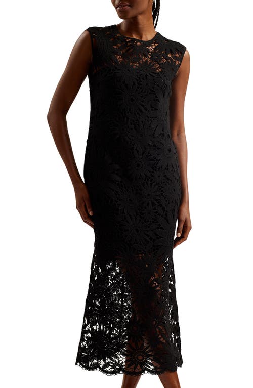 Ted Baker Womens Black Corha Floral-crochet Sleeveless Cotton-blend Midi Dress In Black