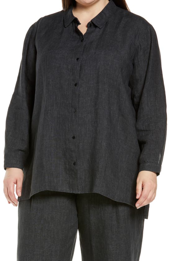 Eileen Fisher Classic Collar Organic Linen Boxy Shirt In Graphite