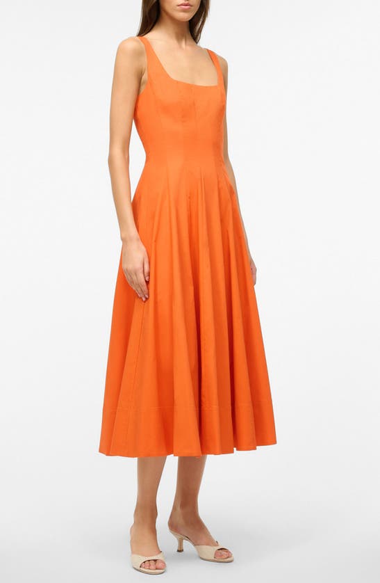 Shop Staud Wells Stretch Cotton Fit & Flare Midi Dress In Tangerine