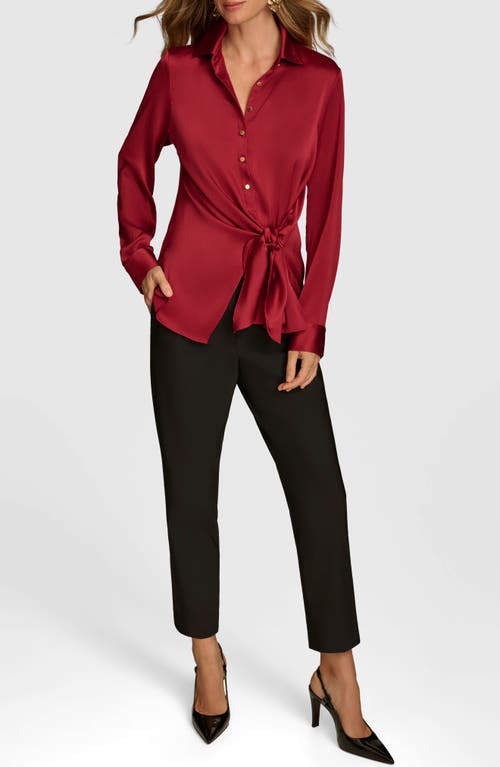 Shop Donna Karan Tie Waist Textured Satin Shirt In Red