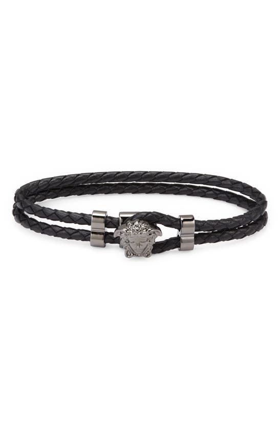 Versace Medusa Braided Leather Bracelet In Black/ Silver
