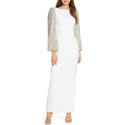 Eliza J Crepe V-Back Gown With Sequin Long Sleeves, Ivory