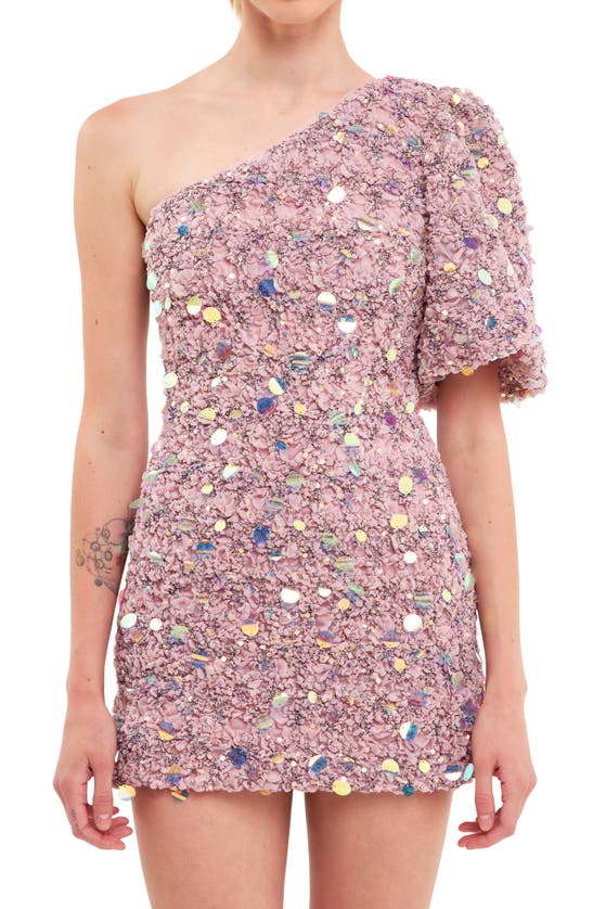 Shop Endless Rose Premium Sequin Tulle One-shoulder Minidress In Dusty Lavender