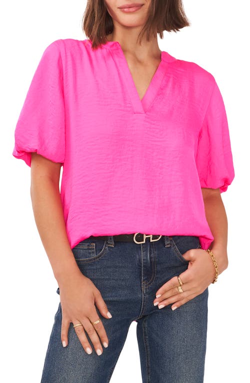 Hammered Satin Puff Sleeve Top in Hot Pink