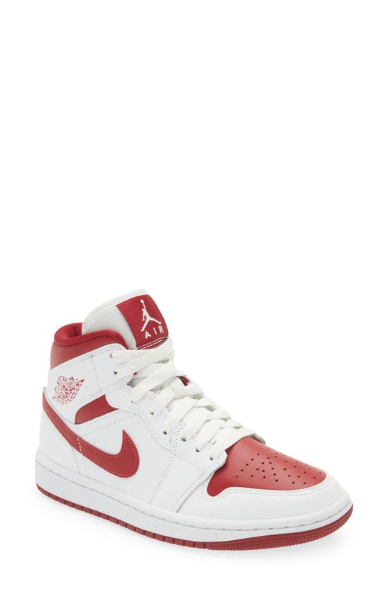 Jordan Air  1 Mid Sneaker In White/ Pomegranate/ White