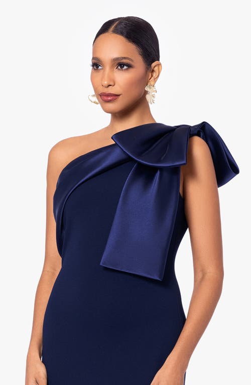 Shop Betsy & Adam Bow One-shoulder Crepe Mermaid Gown In Navy