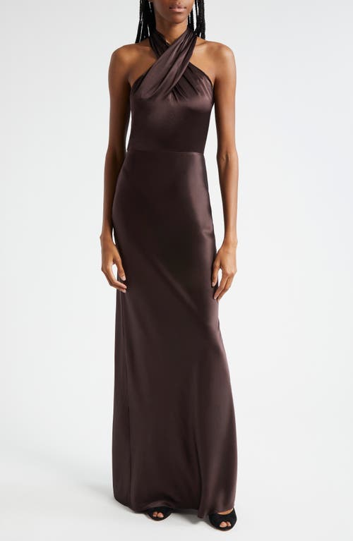 Shop Veronica Beard Alberta Halter Silk Blend Gown In Dark Chocolate