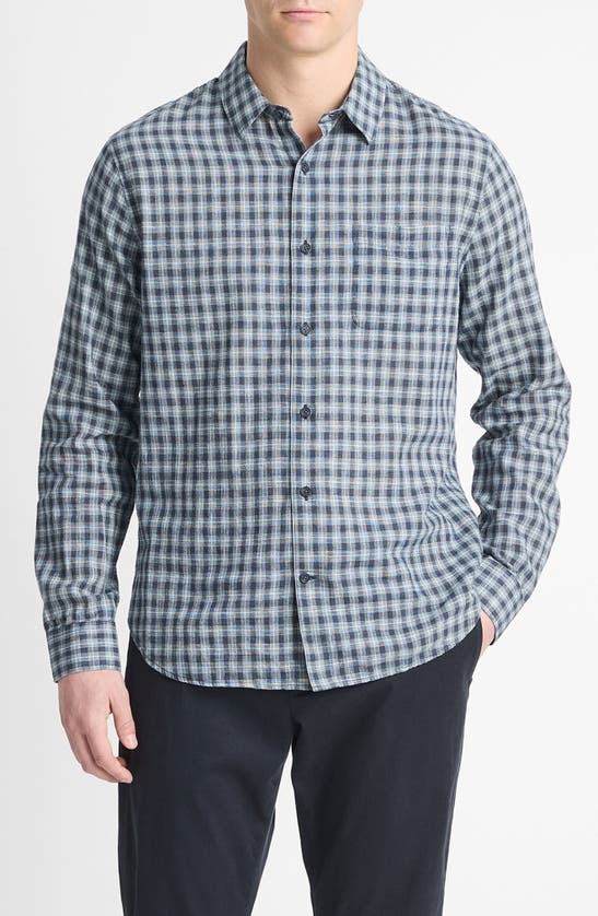 Shop Vince Summit Plaid Linen Blend Button-up Shirt In Venice Blue