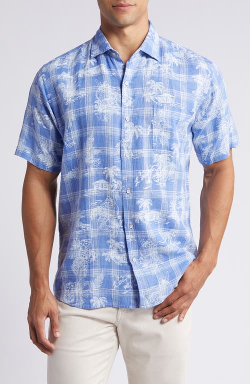 Shoreside Tropical Print Short Sleeve Linen Button-Up Shirt in Maritime