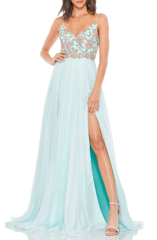 Mac Duggal Floral Beaded And Tulle Ballgown In Aqua Modesens