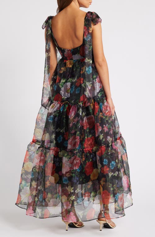 Shop Chelsea28 Bow Shoulder Floral Tiered Gown In Black Multi Floral