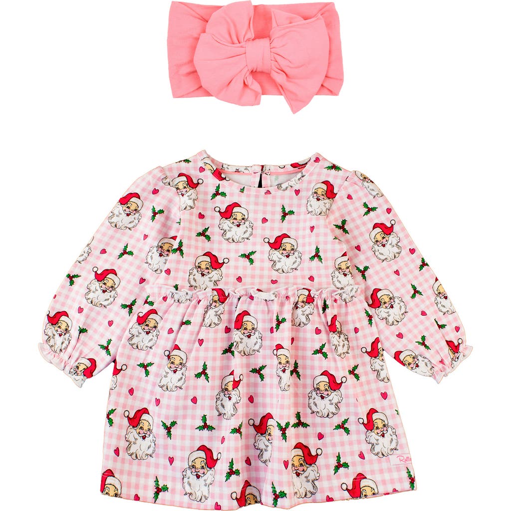 RuffleButts Dear Santa Gingham Print Cotton Jersey Skirted Bodysuit & Headband Set in Pink