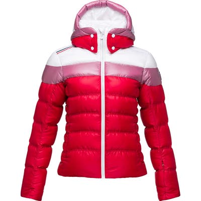 Rossignol Hiver Tailored Fit Waterproof 750-Fill-Power Down Jacket With Faux Fur Trim, Red