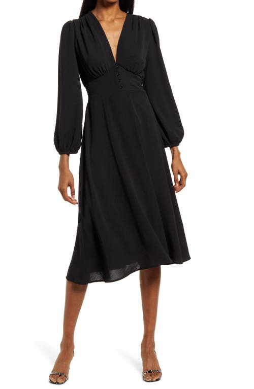 Empire Waist Long Sleeve Midi Dress in Black