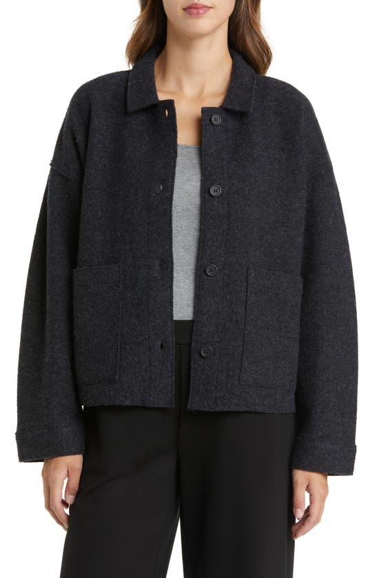 Eileen Fisher Boxy Spread Collar Boiled Wool Jacket In Charcoal