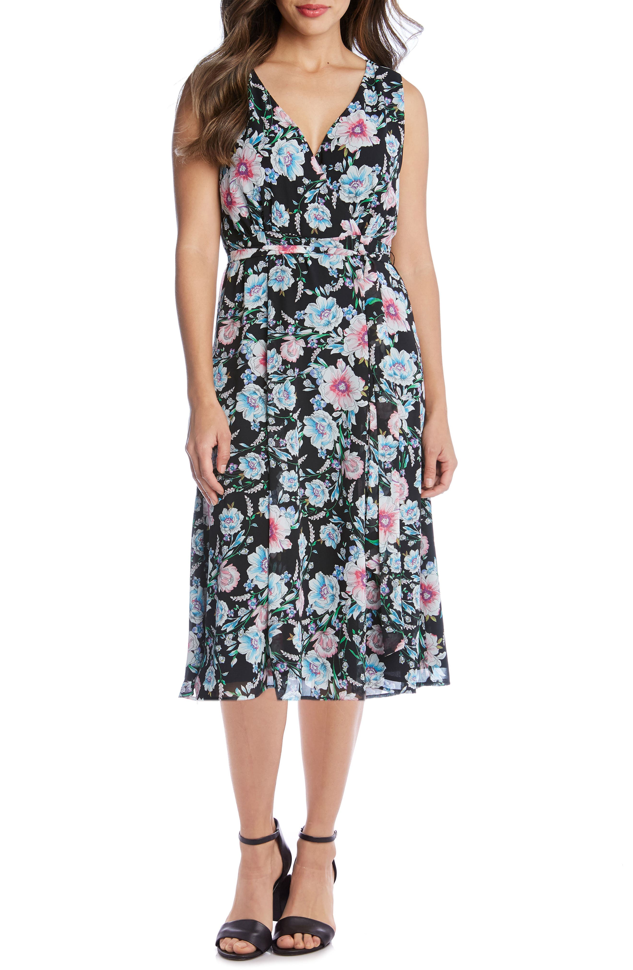 Karen Kane Floral Faux Wrap Sleeveless Midi Dress, Blue/green