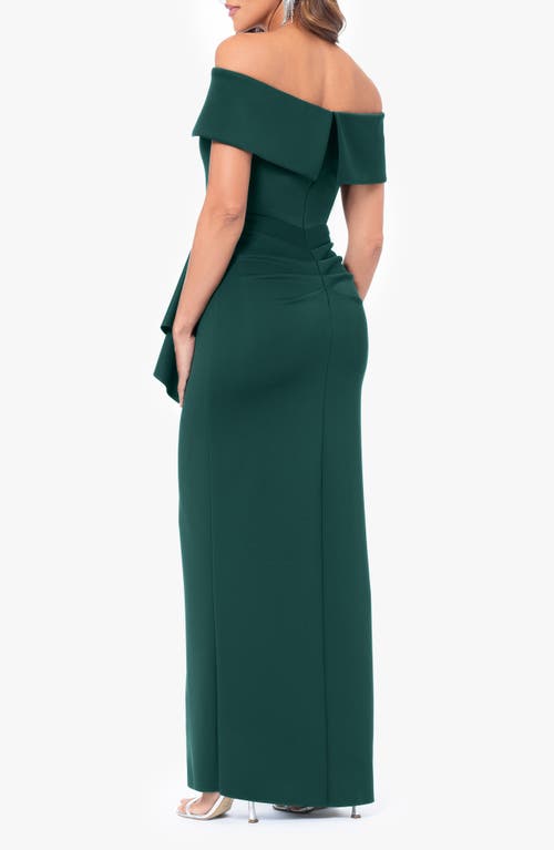 Xscape Evenings Side Ruffle Off The Shoulder Scuba Gown In Hunter