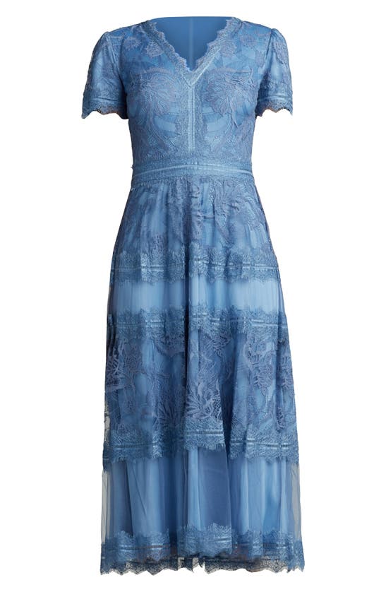 Shop Tadashi Shoji Lace & Mesh Midi Cocktail Dress In Blue Stone