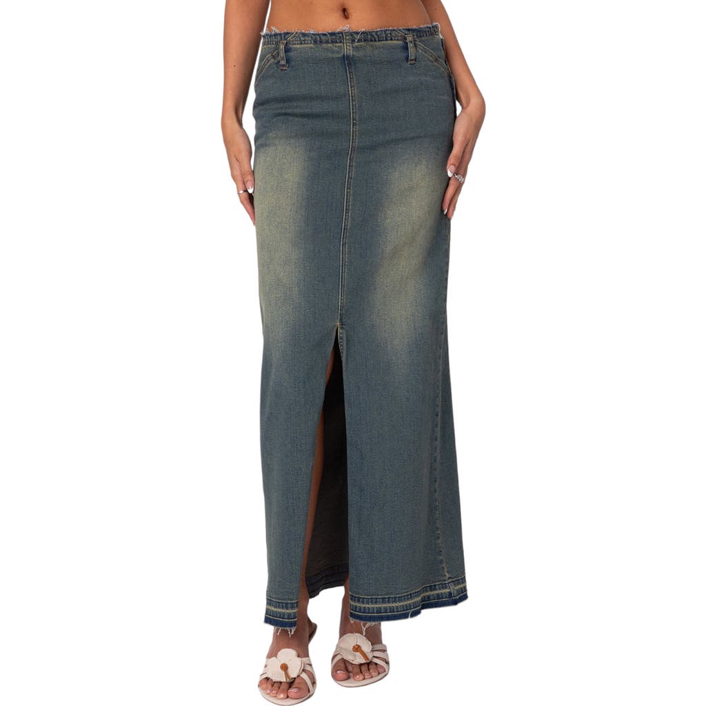 Shop Edikted Lexy Release Hem Stretch Cotton Denim Maxi Skirt In Blue-washed
