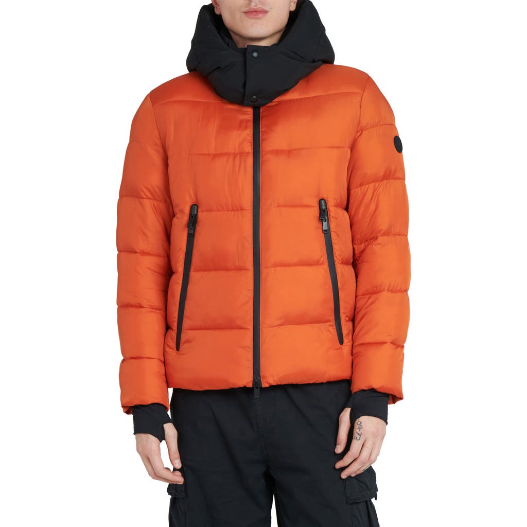 The Recycled Planet Company Tag Hooded Water Resistant Insulated Puffer Jacket In Dusty Orange/black