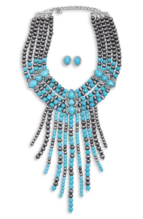 Statement Fringe Collar Necklace with Stud Earrings