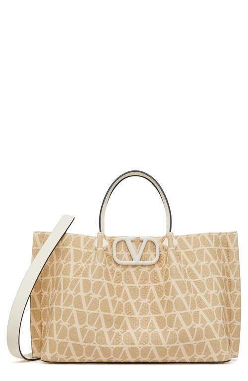 Shop Valentino Garavani Medium Vlogo Icon Woven Tote In Naturale/ivory