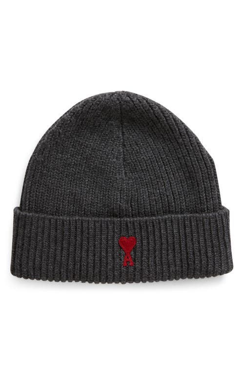 AMI PARIS Ami de Coeur Embroidered Wool Beanie in Heather Grey/Red/084 at Nordstrom