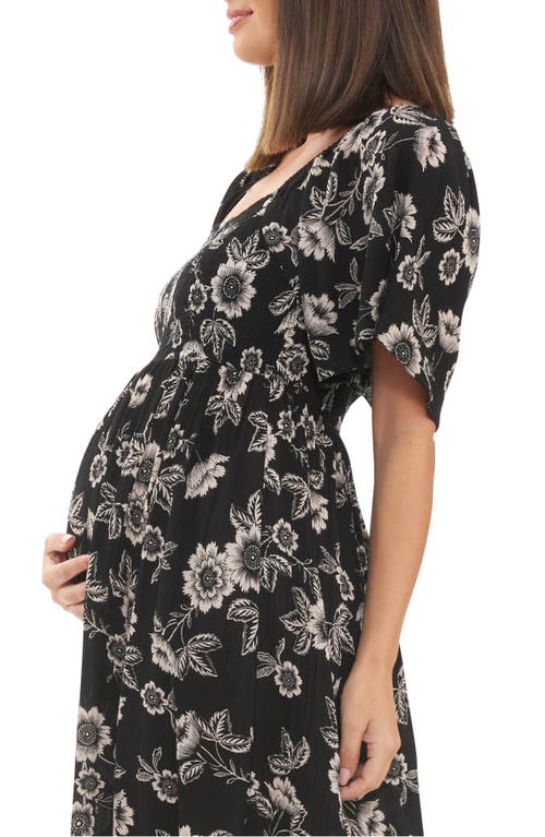 Shop Ripe Maternity Trina Floral Shirred Midi Maternity Dress In Black/natural