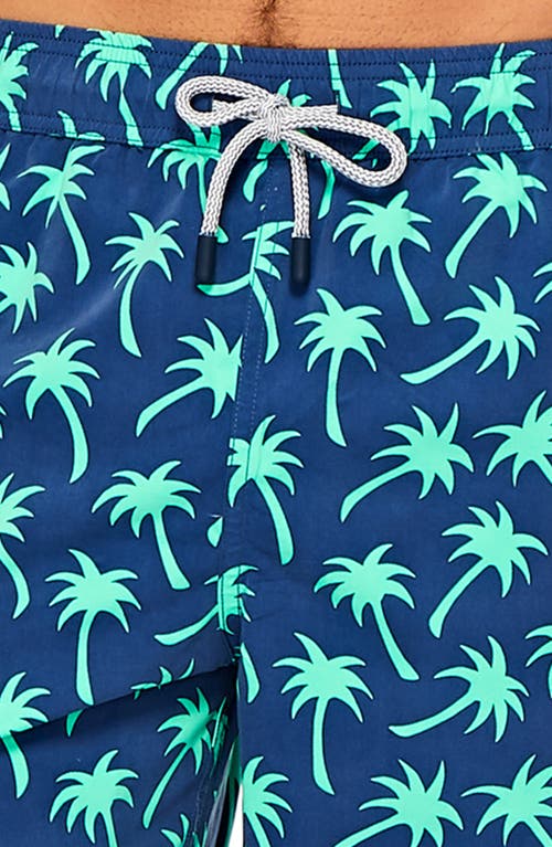 Tom & Teddy Palm Tree Print Swim Trunks In Navy/spring Green