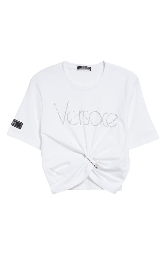 Shop Versace 1978 Re-edition Rhinestone Logo Safety Pin Crop Cotton T-shirt In White Crystal
