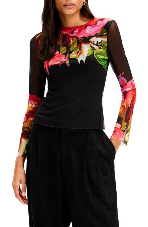 Garden Floral Mesh Long Sleeve Shirt in Red