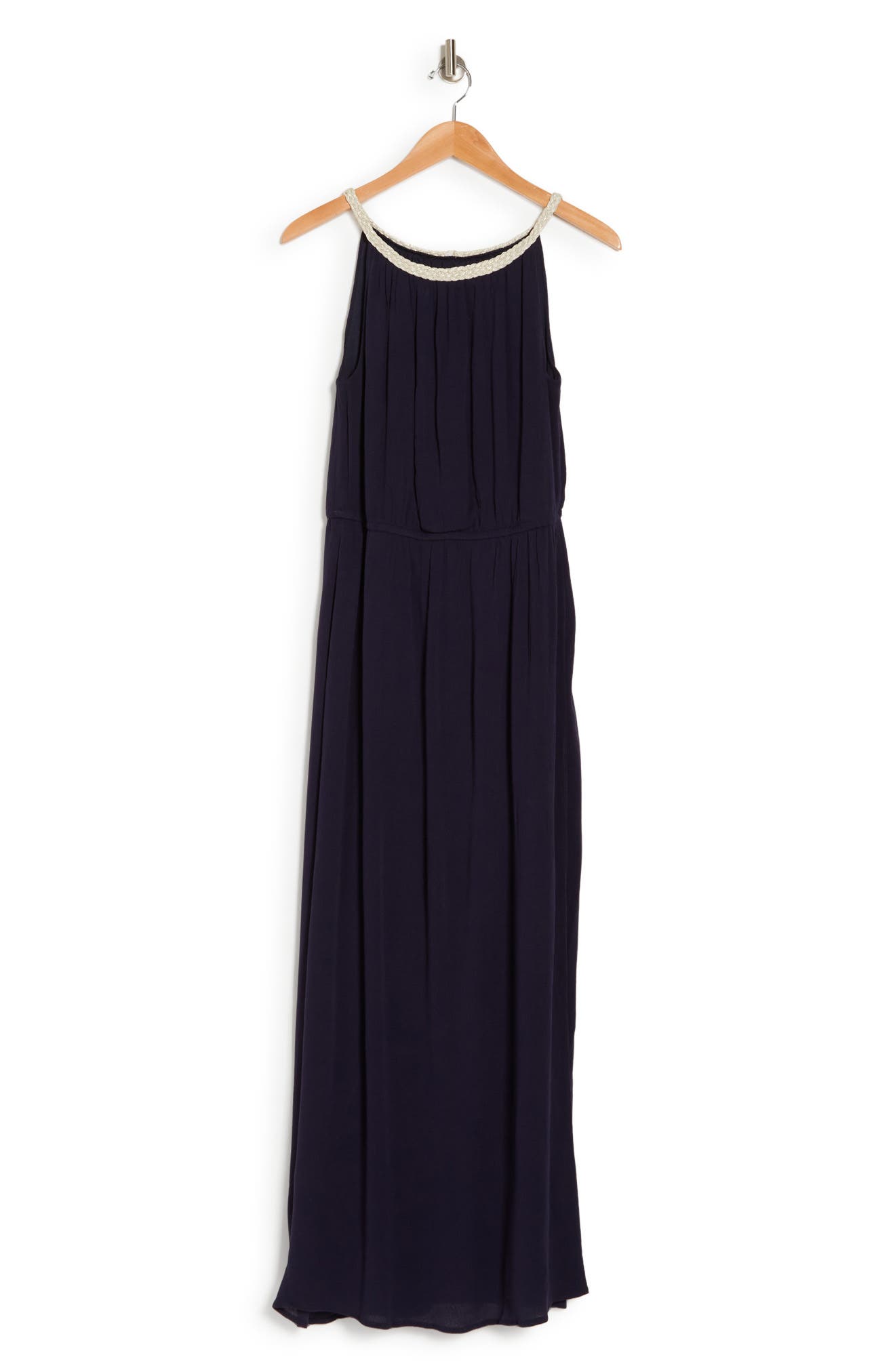 Nina Leonard Braided Neck Sleeveless Maxi Dress In Navy