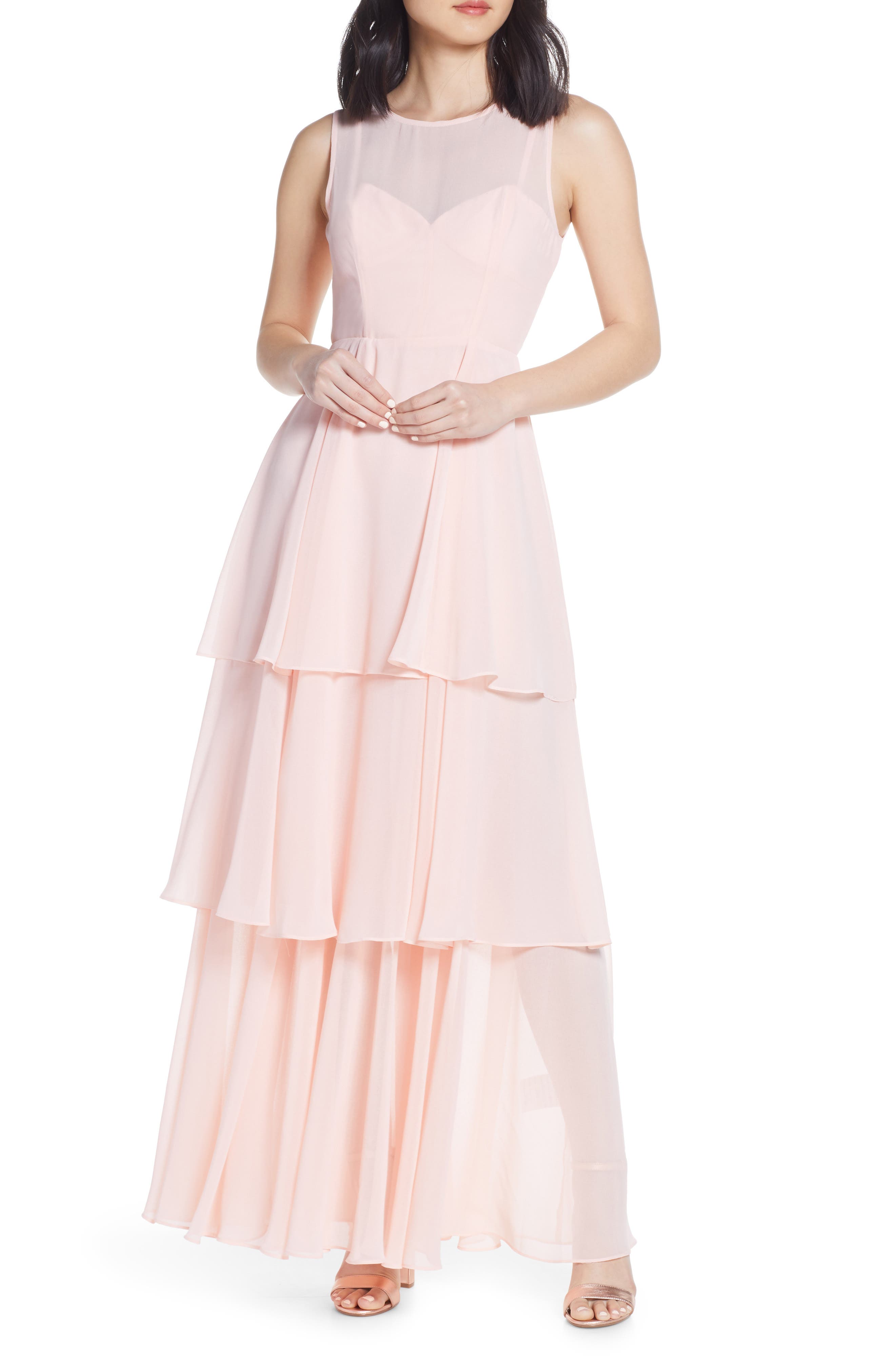 Fame And Partners Sheer Tiered Gown, Pink