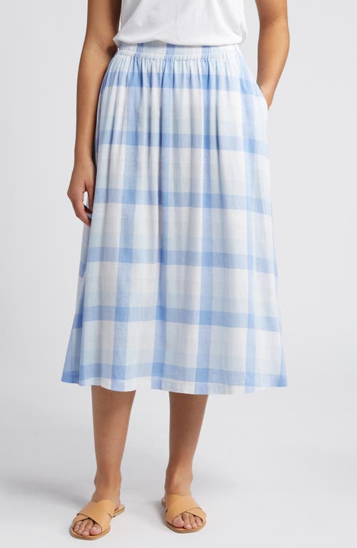 caslon(r) Check Linen Blend Midi Skirt in Blue-White Multi Check