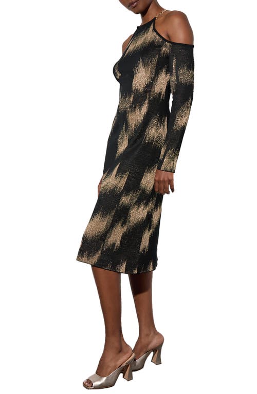 Shop Ming Wang Metallic Long Sleeve Jacquard Midi Dress In Black/gold