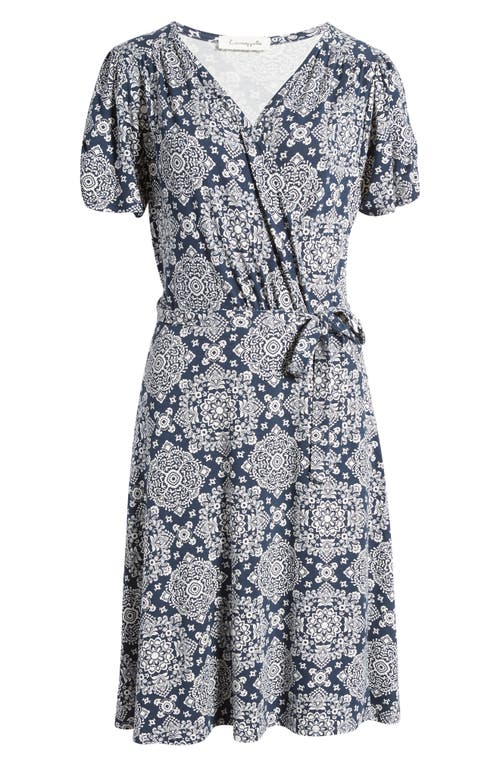 Shop Loveappella Short Sleeve Faux Wrap Dress In Navy/ivory