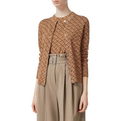Burberry Chubut Monogram Pattern Merino Wool Blend Cardigan, Beige